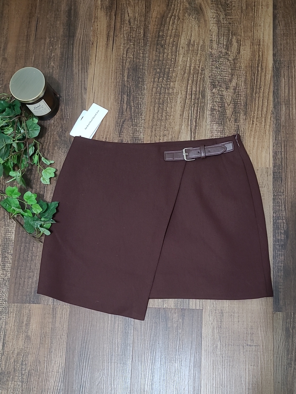 Commense Chocolate Brown Wrap Mini Skirt with Belt Detail